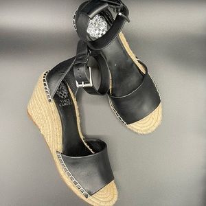 Vince Camuto Leera Espadrille Peep toe Wedge Heel Sandal Size 7.5 Black Leather